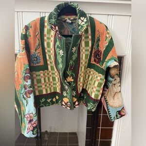Floral Bunny Tapestry Collared Bomber Jacket